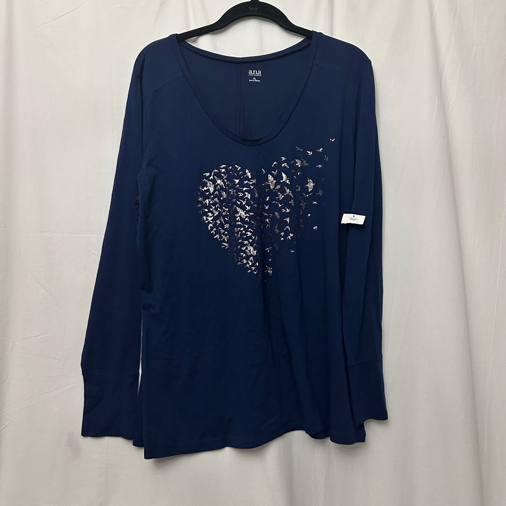 ana A New Approach Navy Blue Bird Heart Foil Graphic V-Neck Top XL NWT